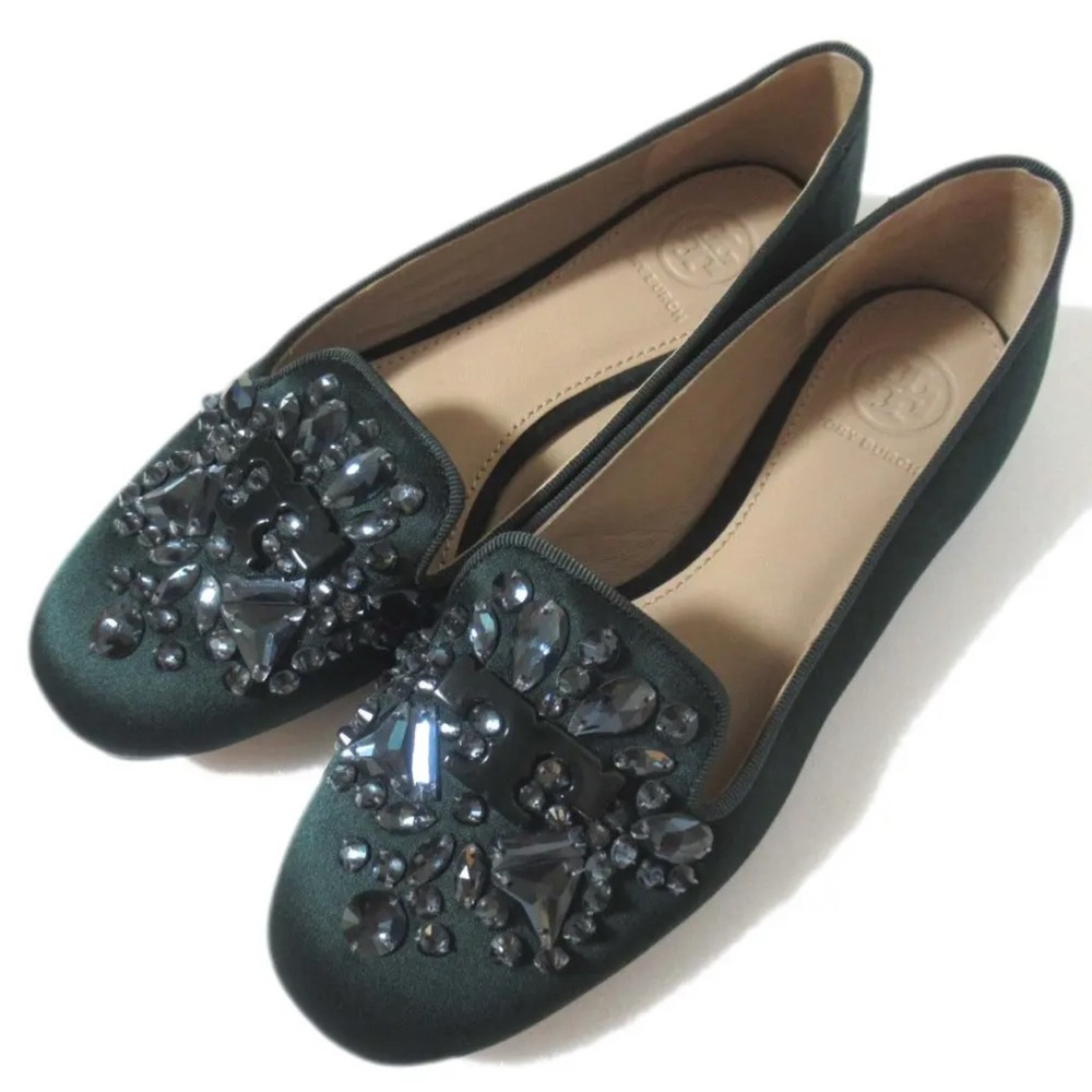 Tory Burch Olive green- studded satin loafers flats